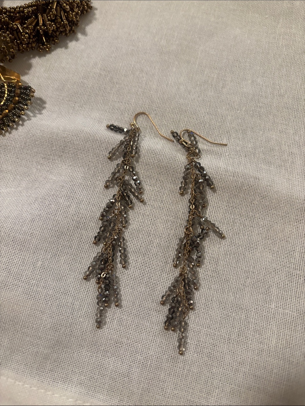 Gold & Gray Beaded Dangle Earrings - Elegant Leaf Cascade